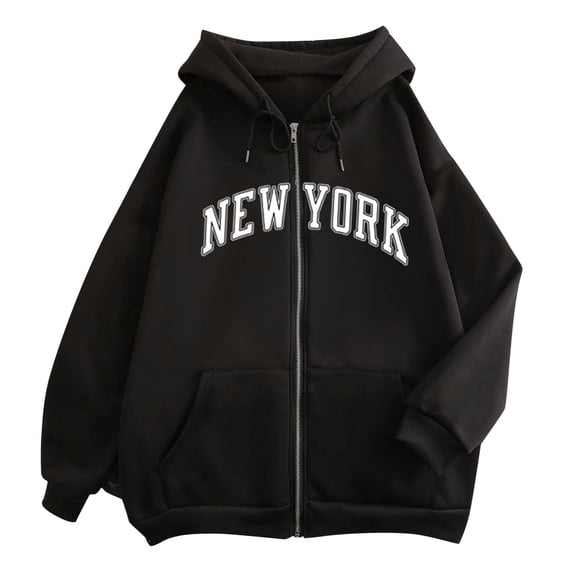 Bibifish Womens Hoodies New York Letter Print Zipper Front Long Sleeve Hoodies Casual Loose Fit Comfortable Spring Fall City Sweatshirts
