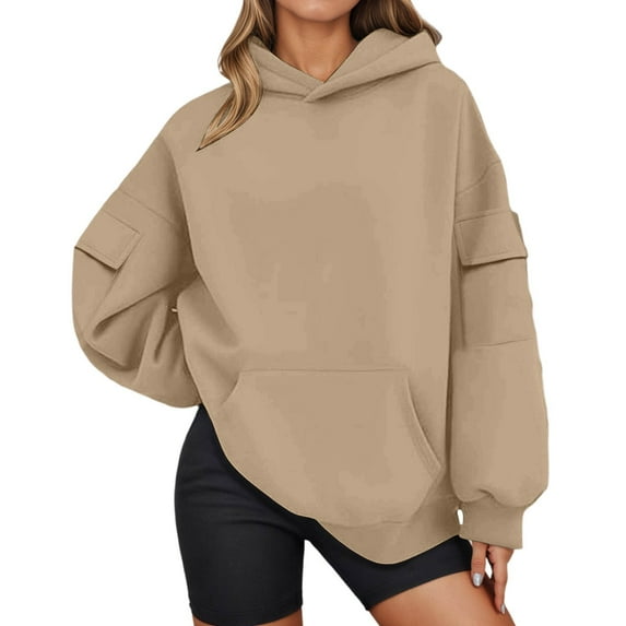 Bibifish Womens Hoodies Oversized Solid Color Long Sleeve Hooded sweatshirts Fall Winter Basic Ladies Pullover Tops With Multiple Pockets
