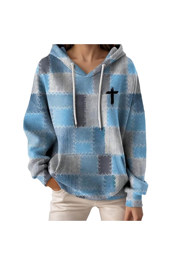 Womens Hoodies Patchwork Pattern Cross Detail Drawstring Hood Side Pockets Relaxed Fit Unique Casual Daily Wear Trendy Stylish Hoodies