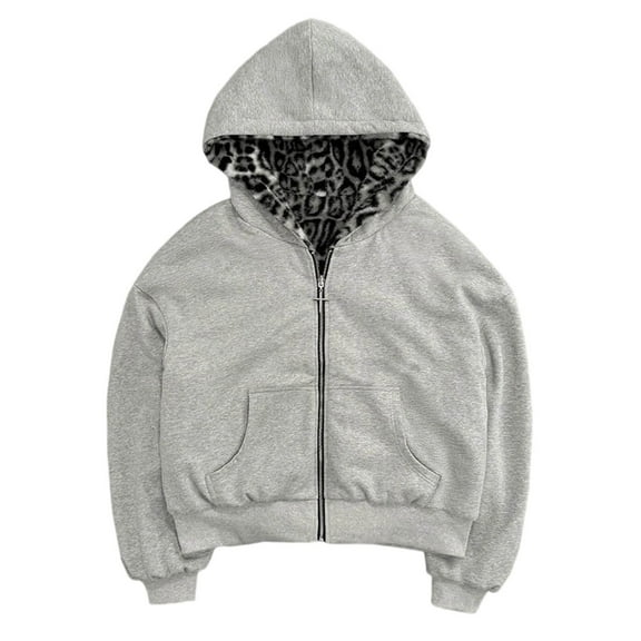 Bibifish Womens Hoodies Reversible Long Sleeve Zip Up Hoodies With Pocket Fall Winter Warm Leopard Print Lined Unisix Outerwear Jackets