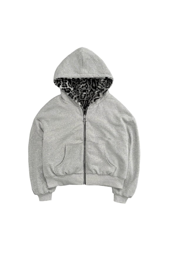 Womens Hoodies Reversible Long Sleeve Zip Up Hoodies With Pocket Fall Winter Warm Leopard Print Lined Unisix Outerwear Jackets