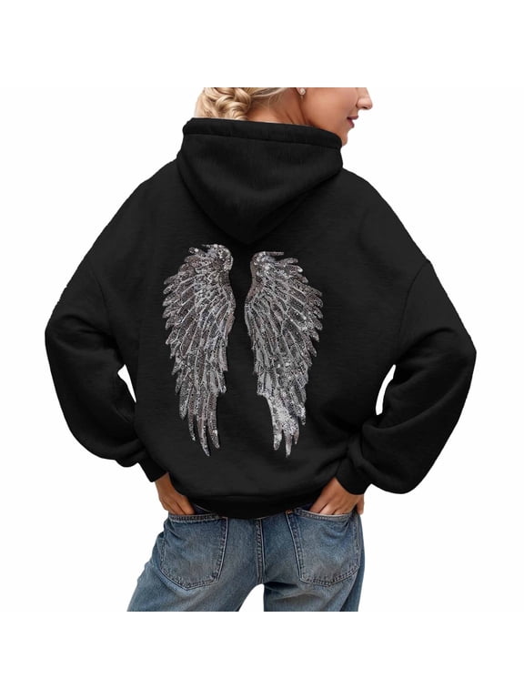 Womens Hoodies Solid Color Sequin Wings Print Long Sleeve Drawstring Pullover Tops Stylish Trendy Casual Sweatshirts