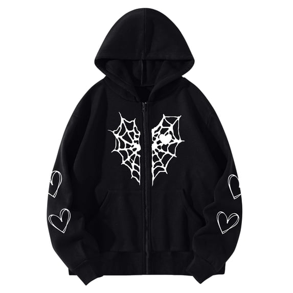 Bibifish Womens Hoodies Spider Web & Heart Print Full Long Sleeve Zip Up Hooded With Side Pocket Loose Fit Casual Street Style Edgy Trendy Hoodies