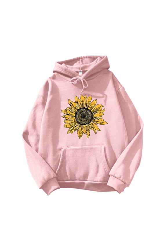 Womens Hoodies Sunflower Print Casual Floral Graphic Long Sleeve Pullover Casual Loose Fit Spring Fall Cozy Ladies Pullover Tops For Casual Wear