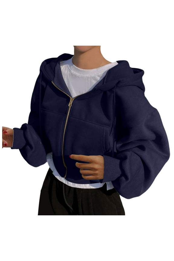 Womens Hoodies Trendy Autumn Solid Color Zip Up Crop Hooded Jackets Trendy Baggy Long Sleeve Hoodie Tops For Ladies With Pockets