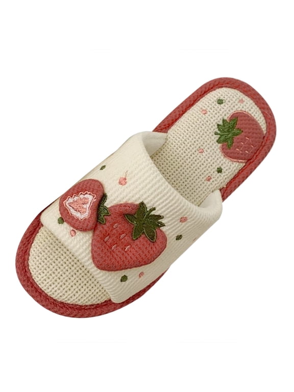 Womens House Slippers Sweet Strawberry Print Cute Soft Quiet Flat Sole Linen Sandals Indoor Cozy Four‑Season Slippers