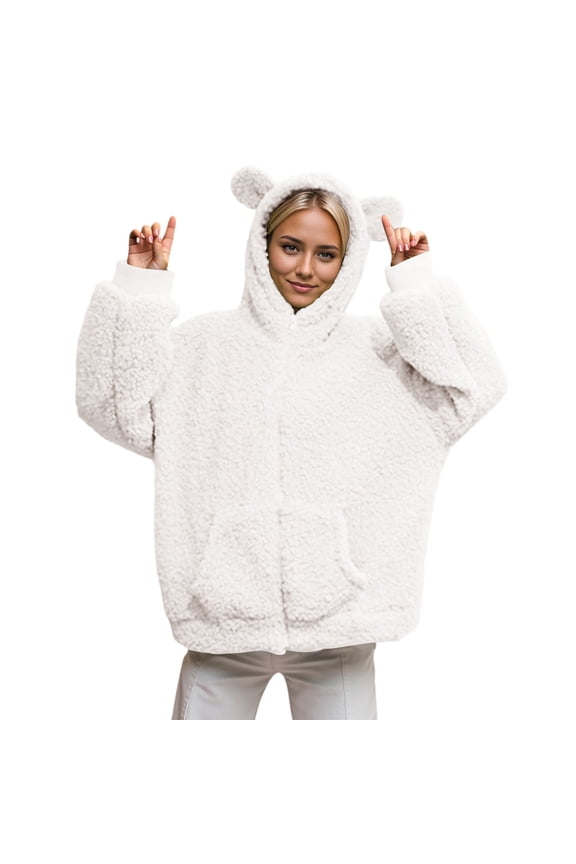Womens Jackets Bear Ear Hooded Fuzzy Jackets Full Zip Up Pocket Oversized Fit Warm Cozy Casual Loungewear Daily Cute Stylish Hoodie Outerwear