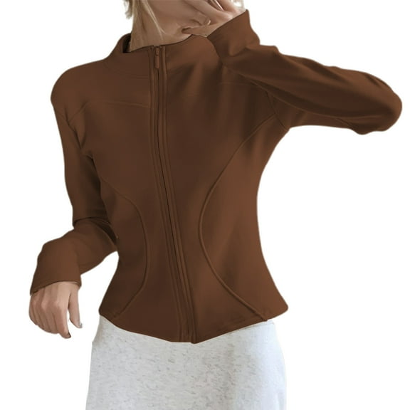 Bibifish Womens Jackets Beige Slim Fit Full Zip Up Stand Collar Jackets Curved Seam Detail Soft Casual Daily Commute Gym Wear Stylish Jackets