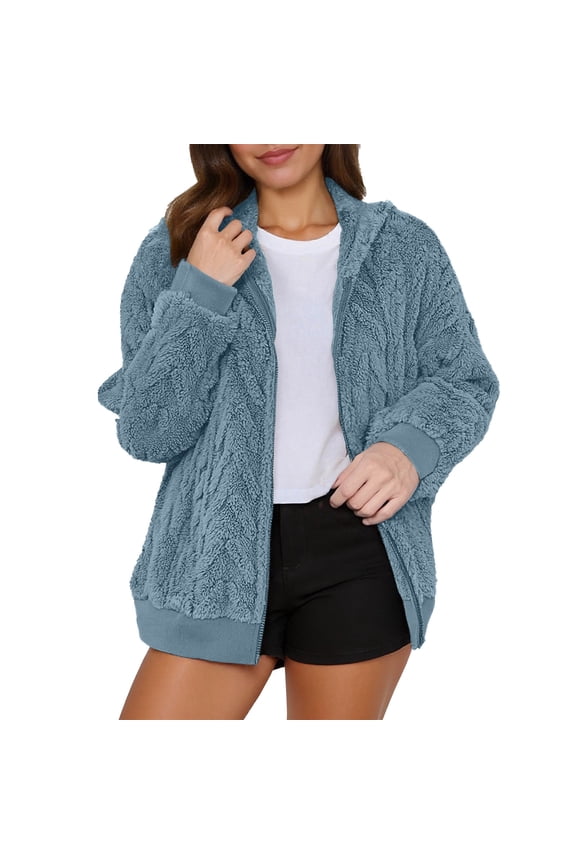 Womens Jackets Cable Knit Fuzzy Full Zip Up Hooded Jackets Rib Cuffs Warm Cozy Oversized Fit Casual Daily Wear Cute Comfy Fuzzy Jackets