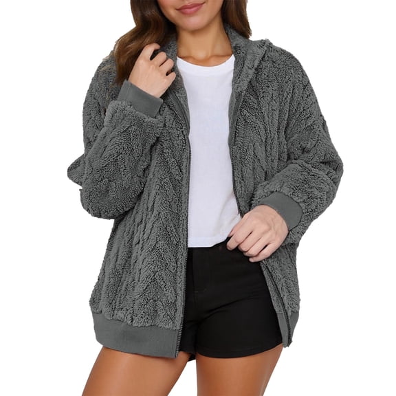 Bibifish Womens Jackets Cable Knit Fuzzy Full Zip Up Hooded Jackets Rib Cuffs Warm Cozy Oversized Fit Casual Daily Wear Cute Comfy Fuzzy Jackets