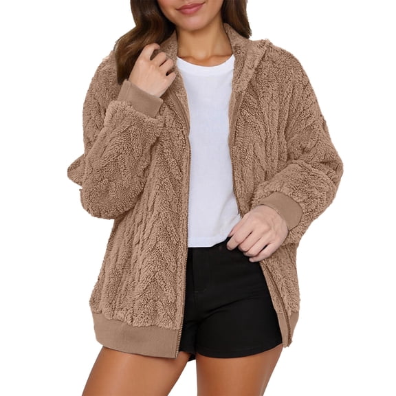 Bibifish Womens Jackets Cable Knit Fuzzy Full Zip Up Hooded Jackets Rib Cuffs Warm Cozy Oversized Fit Casual Daily Wear Cute Comfy Fuzzy Jackets