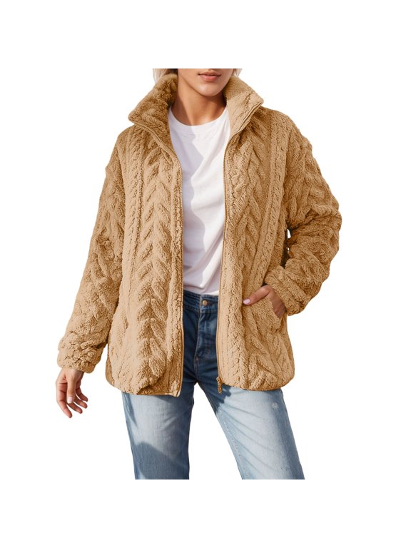 Womens Jackets Cable Knit Fuzzy Full Zip Up Stand Collar Jackets Side Pocket Warm Soft Oversized Fit Casual Outings Trendy Jackets