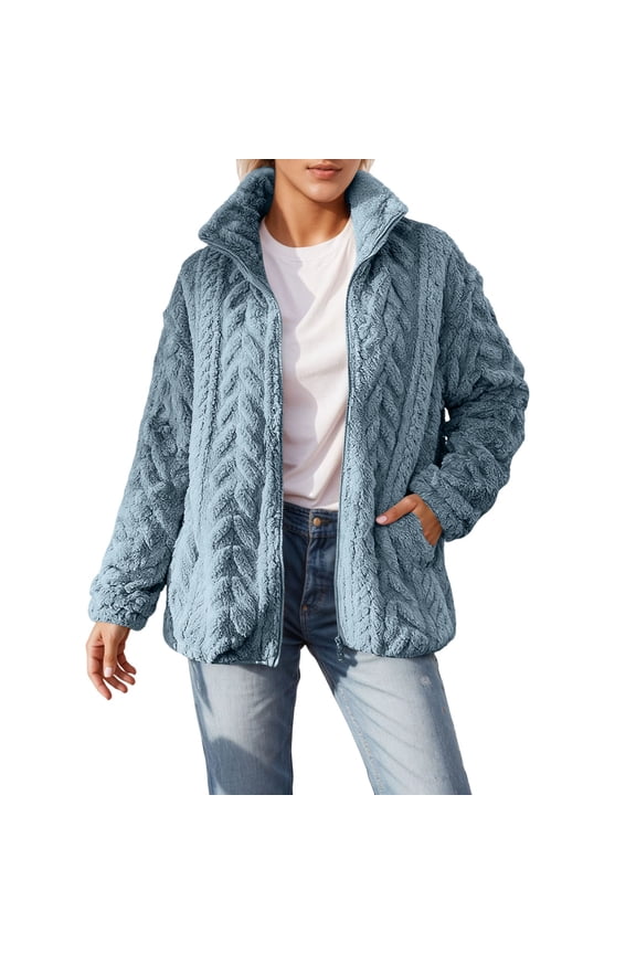 Womens Jackets Cable Knit Fuzzy Full Zip Up Stand Collar Jackets Side Pocket Warm Soft Oversized Fit Casual Outings Trendy Jackets