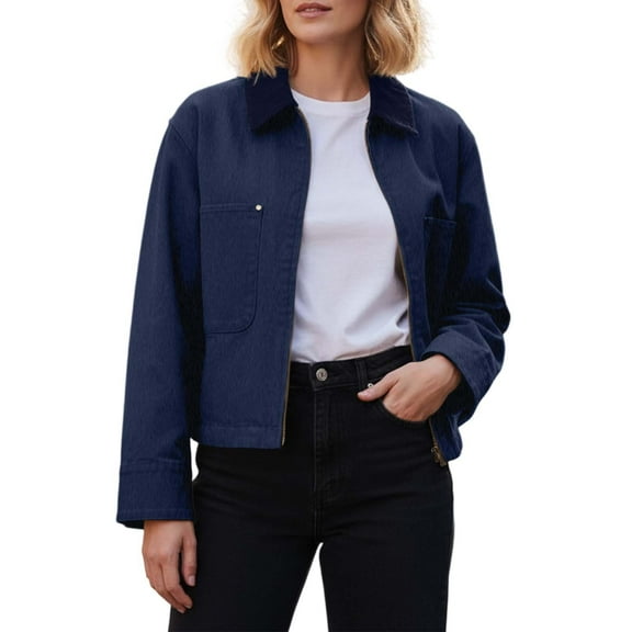 Bibifish Womens Jackets Casual Zip Up Jackets Corduroy Stand Collar Trendy Daily Streetwear Lightweight Outerwear With Pockets