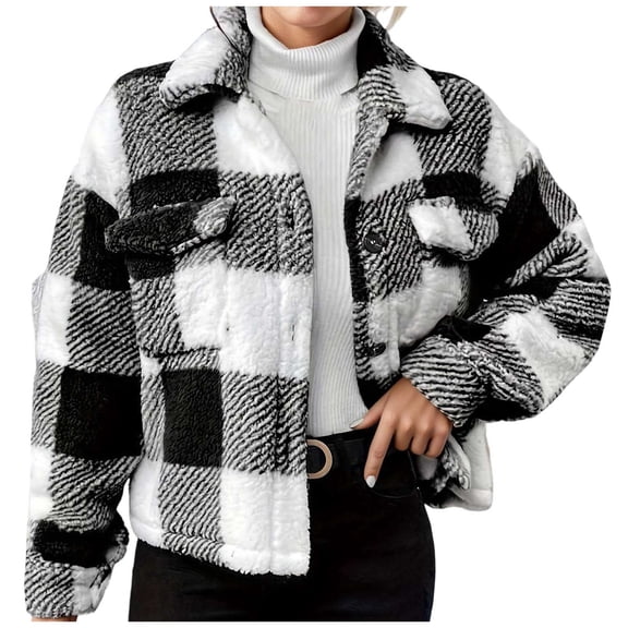 Bibifish Womens Jackets Cute Plaid Collared Button Down Jackets Chest Pocket Loose Fit Warm Soft Casual Daily Wear Trendy Jackets