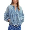 thumbnail image 1 of Bibifish Womens Jackets Fall Denim Washed Oversized Round Neck Zip Up Jackets Light Blue Distressed Style Casual Streetwear Outerwear Coats, 1 of 9