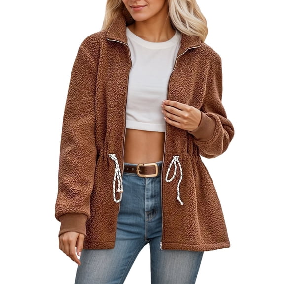 Bibifish Womens Jackets Fuzzy Full Zip Up Drawstring Waist Jackets With Side Pocket Relaxed Fit Warm Cozy Casual Daily Wear Stylish Jackets