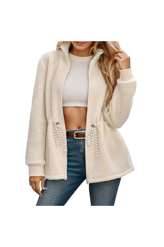Womens Jackets Fuzzy Full Zip Up Drawstring Waist Jackets With Side Pocket Relaxed Fit Warm Cozy Casual Daily Wear Stylish Jackets