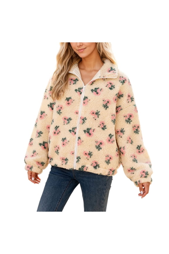 Womens Jackets Fuzzy Pink Floral Print Stand Collar Full Zip Up Jackets Relaxed Fit Cute Stylish Casual Daily Wear Trendy Jackets