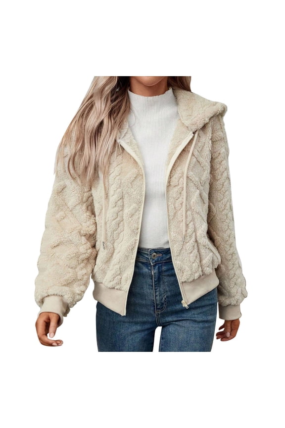 Womens Jackets Fuzzy Plush Diamond Pattern Jackets Drawstring Hood Full Zip Up Ribbed Cuff Jackets Warm Cozy Cold Weather Cute Hoodie