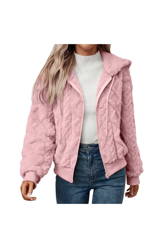 Womens Jackets Fuzzy Plush Diamond Pattern Jackets Drawstring Hood Full Zip Up Ribbed Cuff Jackets Warm Cozy Cold Weather Cute Hoodie