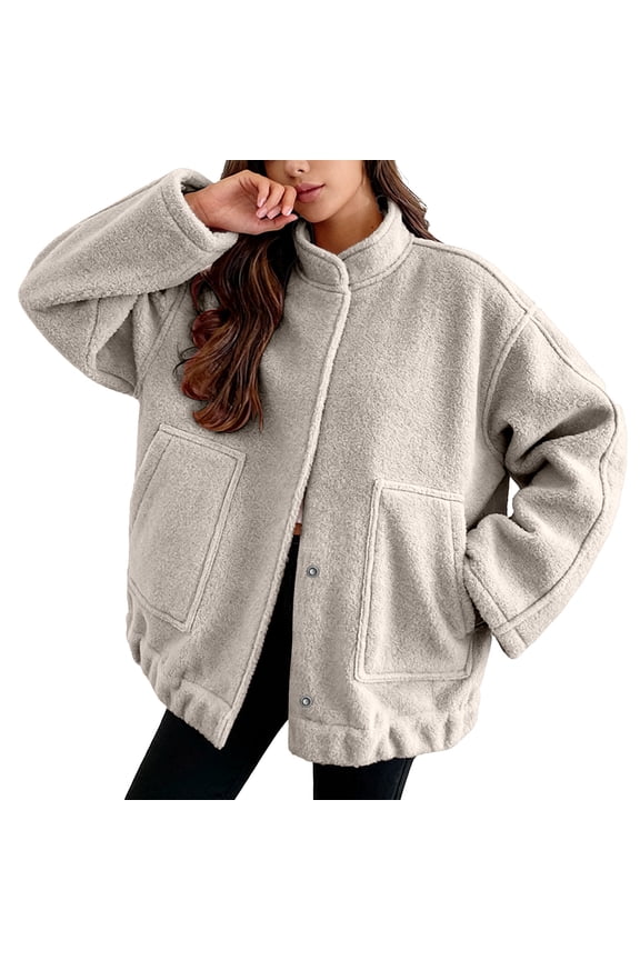 Womens Jackets Fuzzy Stand Collar Button Down Jackets With Side Pocket Oversized Stylish Casual Daily Commute Wear Jackets