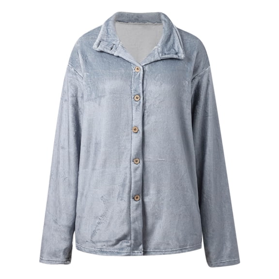 Bibifish Womens Jackets Light Gray Flannel Button Down Collared Long Sleeve Jackets Relaxed Soft Warm Casual Daily Lounging Stylish Jackets