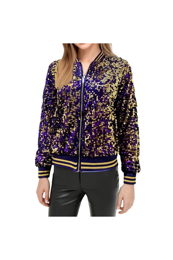 Womens Jackets Long Sleeve Sequin Open Front Zipper Jacket With Ribbed Cuffs Trendy Christmas Holiday Baseball Jackets