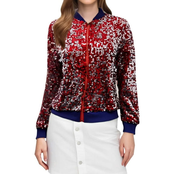 Bibifish Womens Jackets Long Sleeve Sequin Open Front Zipper Jacket With Ribbed Cuffs Trendy Christmas Holiday Baseball Jackets