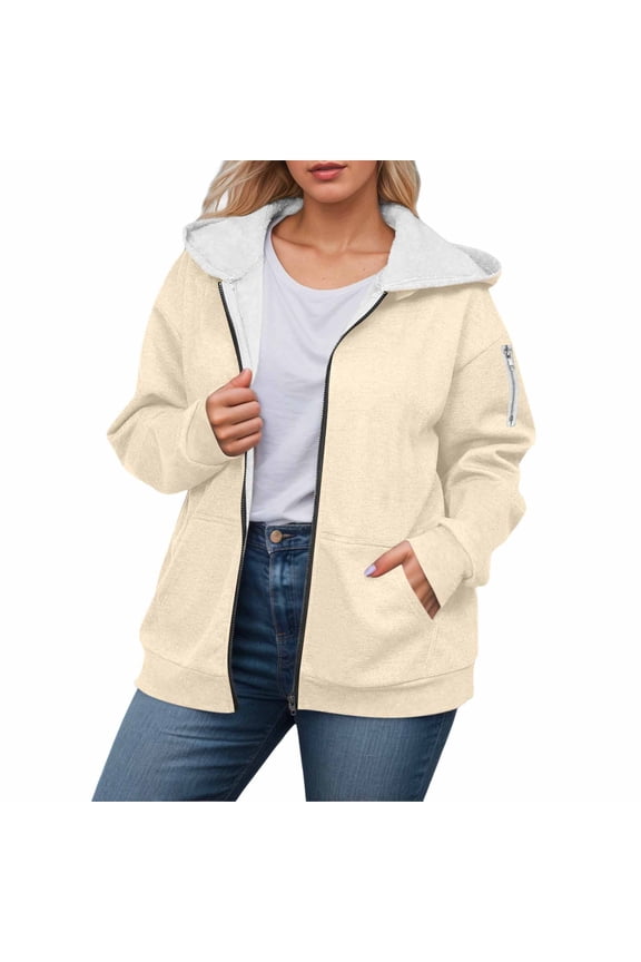 Womens Jackets Oversized Fall Winter Warm Fleece Zip Up Hooded Jackets Casual Long Sleeve Solid Color Soft Outerwear Coats With Pocket