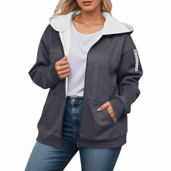 Bibifish Womens Jackets Oversized Fall Winter Warm Fleece Zip Up Hooded Jackets Casual Long Sleeve Solid Color Soft Outerwear Coats With Pocket