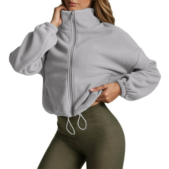 Bibifish Womens Jackets Stand Collar Drawstring Waist Fuzzy Full Zip Up Jackets Rib Cropped Fit Warm Soft Casual Streetwear Daily Wear Trendy Jackets