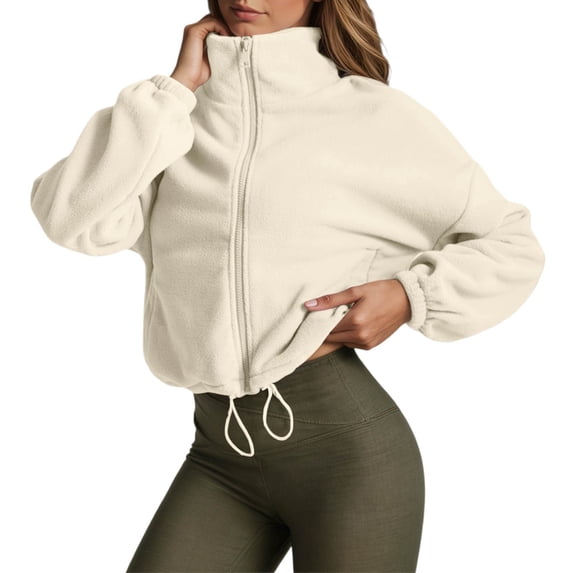 Bibifish Womens Jackets Stand Collar Drawstring Waist Fuzzy Full Zip Up Jackets Rib Cropped Fit Warm Soft Casual Streetwear Daily Wear Trendy Jackets