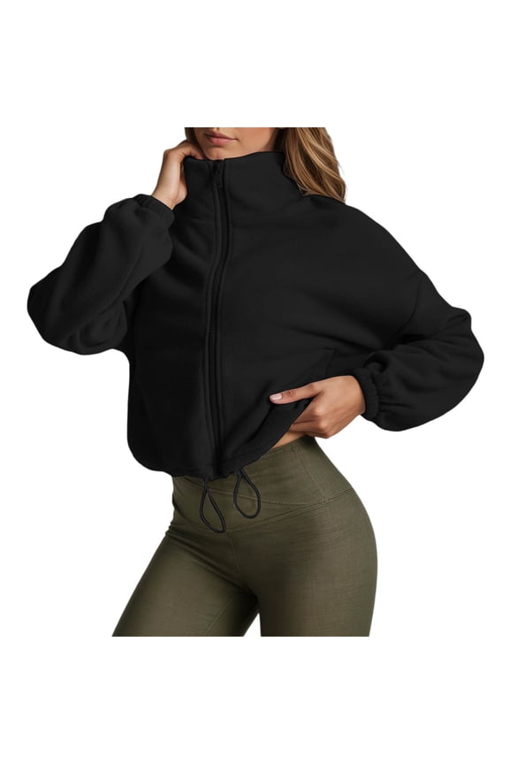 Womens Jackets Stand Collar Drawstring Waist Fuzzy Full Zip Up Jackets Rib Cropped Fit Warm Soft Casual Streetwear Daily Wear Trendy Jackets
