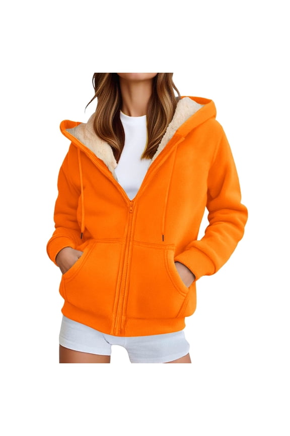 Womens Jackets Thick Fleece Lined Winter Thermal Jackets Pockets Solid Zip Up Hooded Jackets For Outdoor Activities And Daily Wear