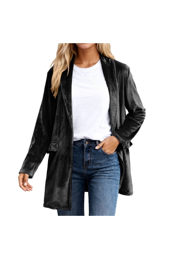 Womens Jackets Velvet Open Front Long Length Jackets Side Pocket Relaxed Fit Elegant Casual Office Daily Commute Outings Stylish Jackets