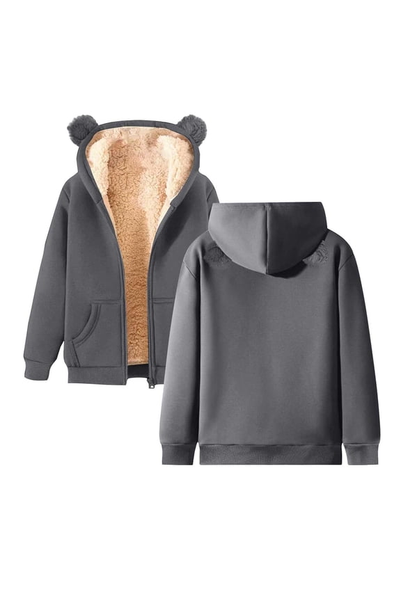 Womens Jackets Winter Warm Thick Fleece Lined Jackets With Cute Cat Ear Hood Casual Long Sleeve Pockets Solid Color Zip Up Coats