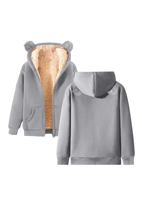 Womens Jackets Winter Warm Thick Fleece Lined Jackets With Cute Cat Ear Hood Casual Long Sleeve Pockets Solid Color Zip Up Coats