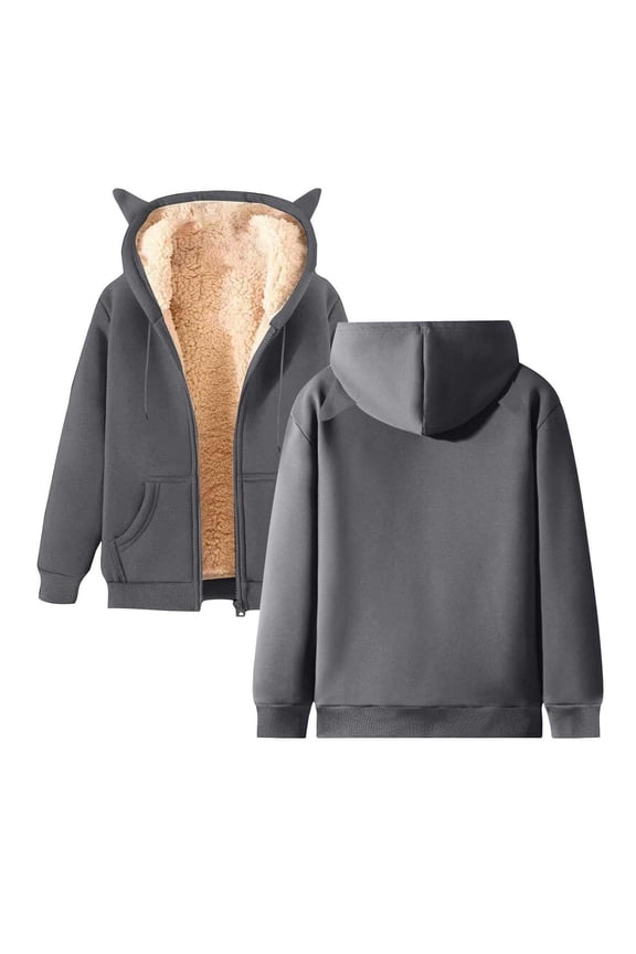 Womens Jackets With Cute Cat Ear Hooded Winter Cozy Thick Fleece Lined Coats Solid Color Cozy Zip Up Streetwear Coats For Ladies