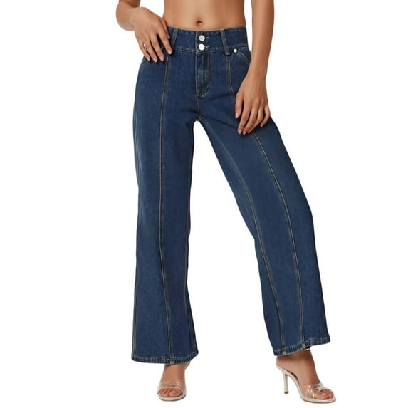 Bibifish Womens Jeans Dark Blue Contrast Stitch High Waist Wide Leg Denim Pants Vertical Seam Detail Relaxed Fit Casual Daily Outings Trendy Jeans