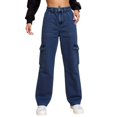 thumbnail image 1 of Bibifish Womens Jeans Dark Blue Elastic Waist Cargo Tapered Denim Pants Multi-Pocket Detail Relaxed Fit Casual Daily Wear Trendy Jeans, 1 of 8