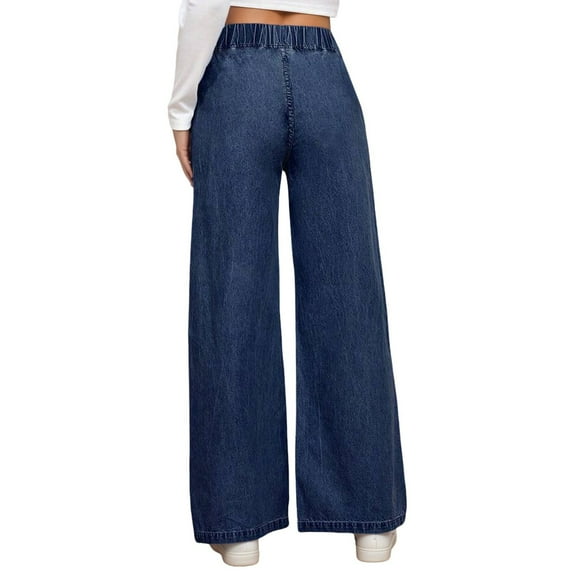 Bibifish Womens Jeans Dark Blue Elastic Waist High Waist Wide Leg Denim Pants Soft Fabric Relaxed Fit Casual Daily Outings Comfortable Jeans