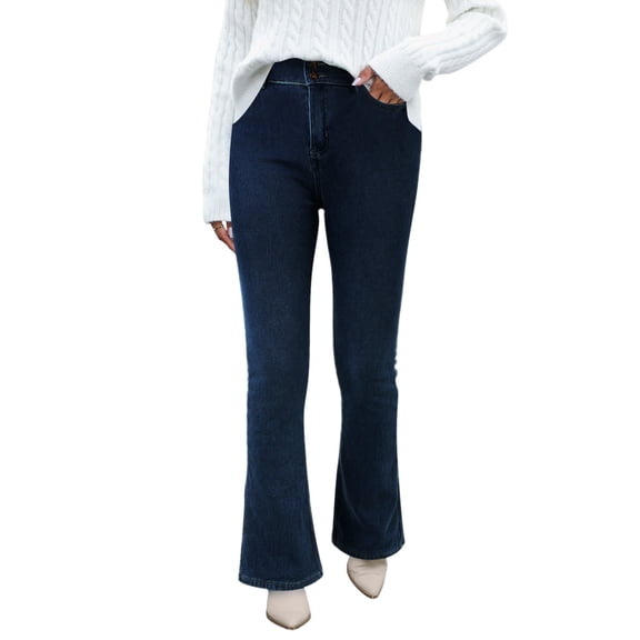 Bibifish Womens Jeans Dark Blue Flared Denim Pants High Waist Button Closure Stretch Fabric Slim Fit Casual Office Daily Wear Fashionable Jeans