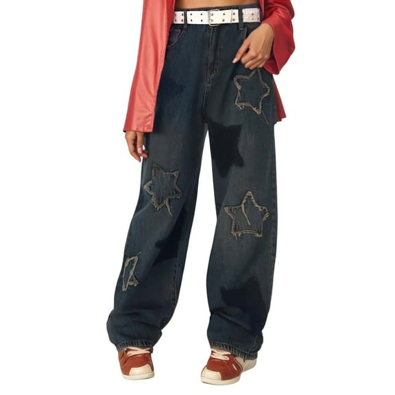 Bibifish Womens Jeans Dark Blue Star Ripped High Waist Tapered Denim Pants Distressed Detail Soft Fabric Relaxed Fit Casual Streetwear Trendy Jeans
