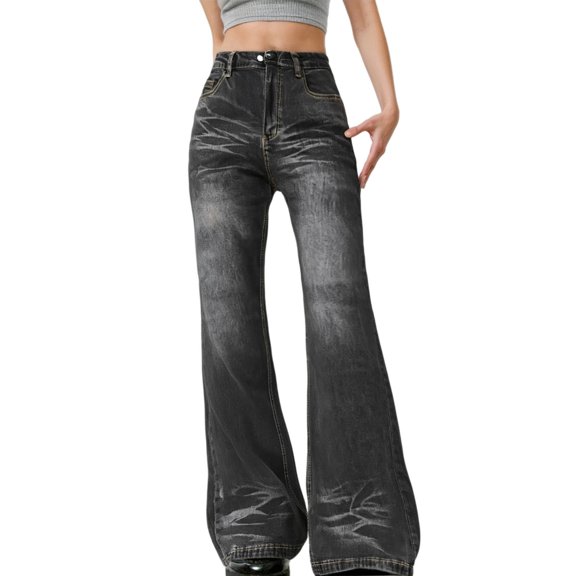 Bibifish Womens Jeans Dark Gray Distressed Flared Denim Pants High Waist Side Pocket Stretch Relaxed Fit Casual Daily Outings Trendy Jeans