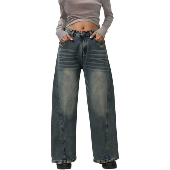 Bibifish Womens Jeans Grey Blue Distressed High Waist Wide Leg Denim Pants Striped Wash Detail Relaxed Fit Casual Retro Stylish Jeans