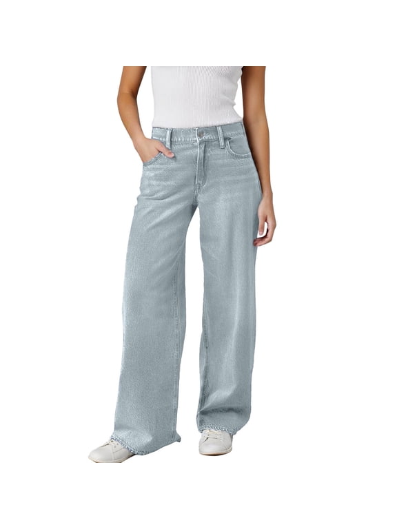 Womens Jeans High Waisted Whiskered Washed Distressed Wide Leg Raw Frayed Hem Loose Fit Denim Bottom With Pockets