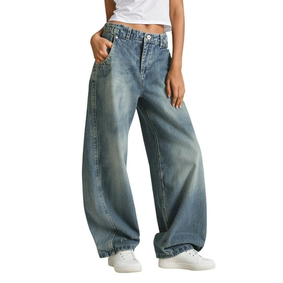Bibifish Womens Jeans Light Blue Distressed Wide Leg Denim Pants Side Pocket Stretch Fabric Relaxed Fit Casual Daily Outings Streetwear Trendy Jeans