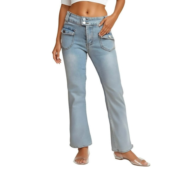 Bibifish Womens Jeans Light Blue Double Button High Waist Flared Denim Pants Flap Pocket Detail Soft Fabric Slim Fit Casual Date Stylish Chic Jeans