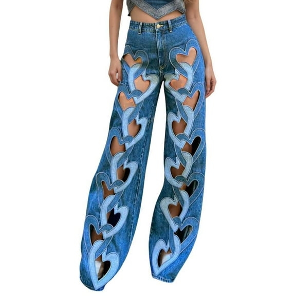 Bibifish Womens Jeans Light Blue Heart Cutout Wide Leg Denim Pants High Waist Contrast Trim Oversized Fit Casual Streetwear Stylish Jeans